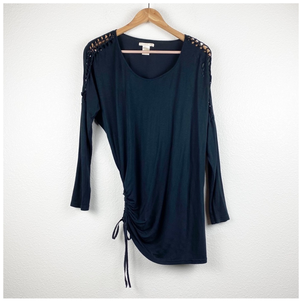 Gold Hawk Black‎ Silk and Bamboo Braided Sleeve Blouse Size Small
